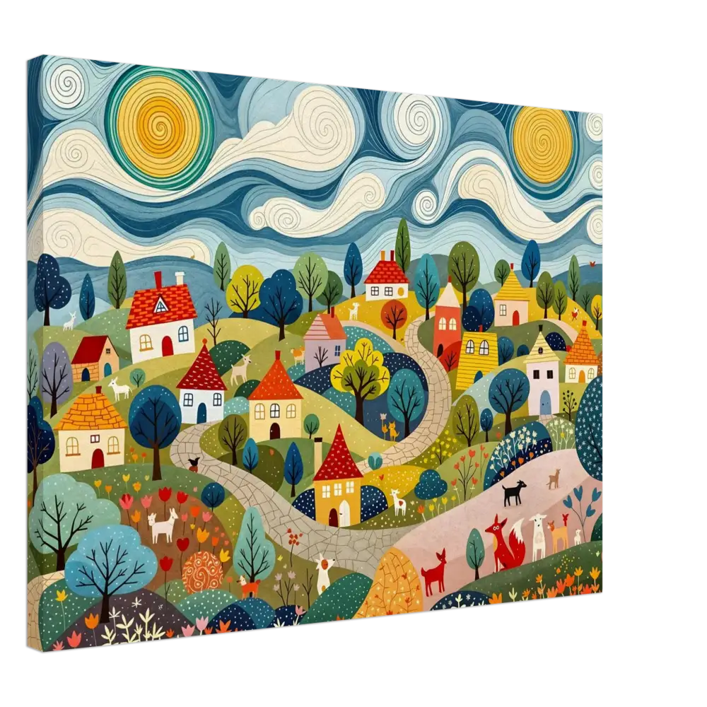 Whimsical village scene canvas art from PixiOnyx Pastoral Glow Series for decorative wall display