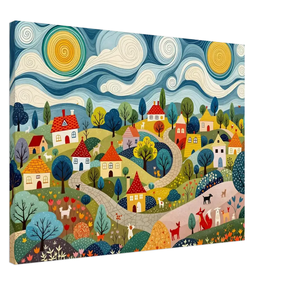 Whimsical village landscape painting from Canvas Hillside Harmony PixiOnyx Pastoral Glow Series