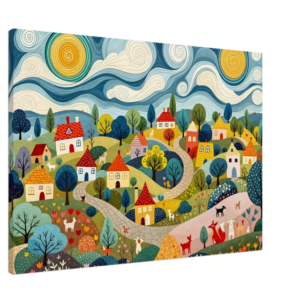 Whimsical village landscape painting from Canvas Hillside Harmony PixiOnyx Pastoral Glow Series