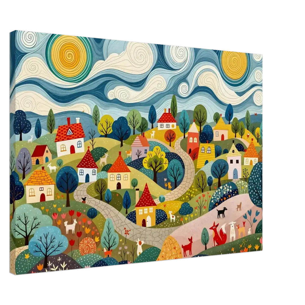 Whimsical Village Landscape Painting from Hillside Harmony Canvas by PixiOnyx Pastoral Glow Series