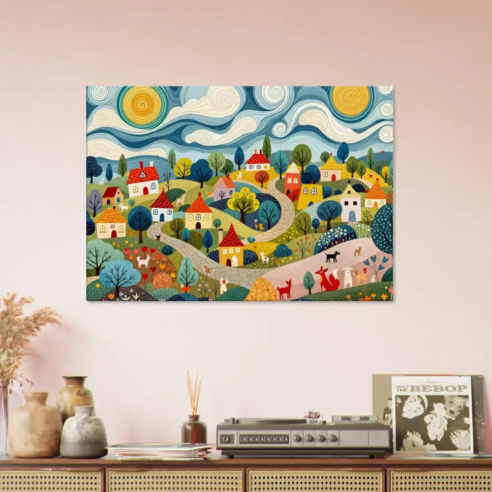 Colorful whimsical village painting from Canvas Hillside Harmony PixiOnyx Pastoral Glow Series