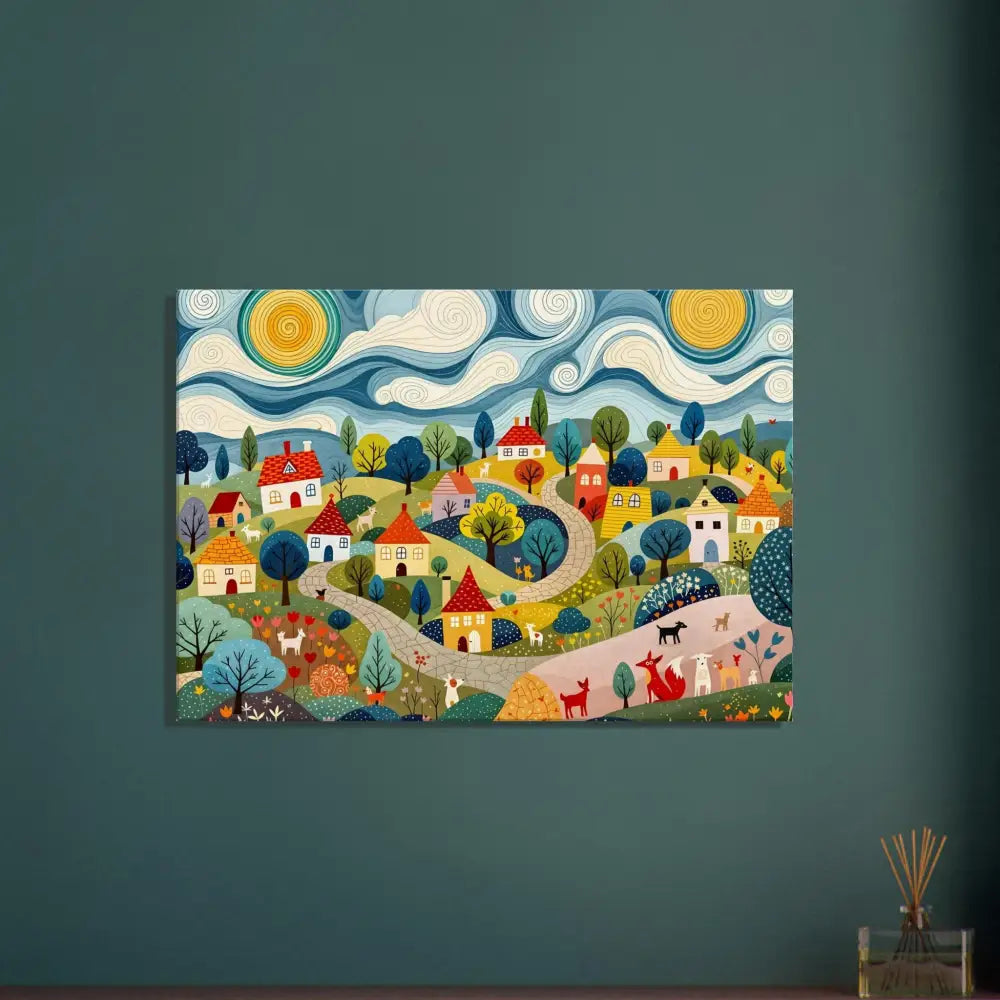Colorful village scene painting on Canvas – Hillside Harmony from PixiOnyx Pastoral Glow Series