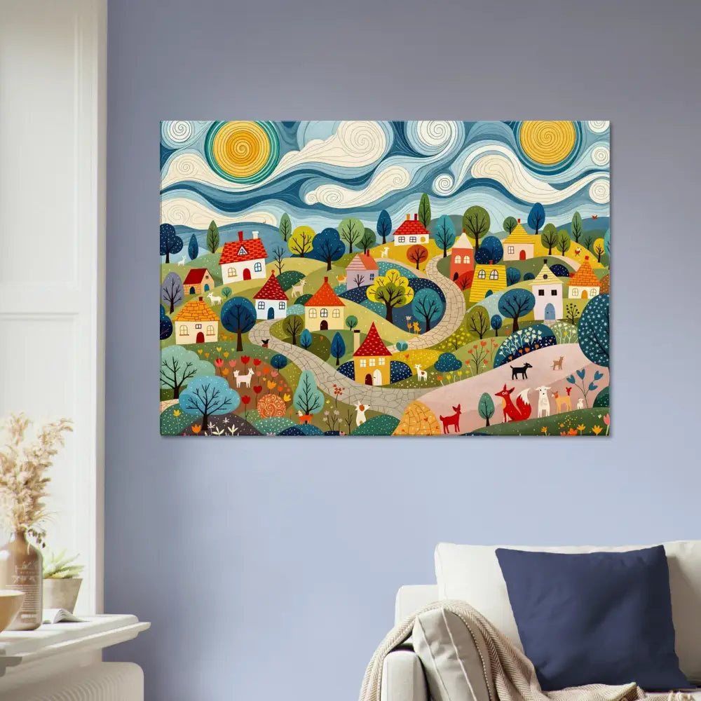 Colorful village scene artwork on Canvas Hillside Harmony PixiOnyx Pastoral Glow Series