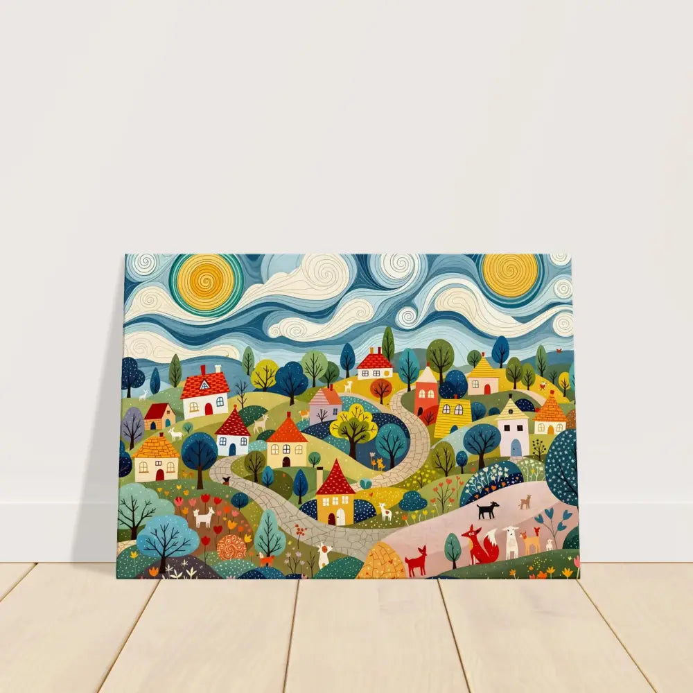 Colorful village painting on Canvas Hillside Harmony from PixiOnyx Pastoral Glow Series