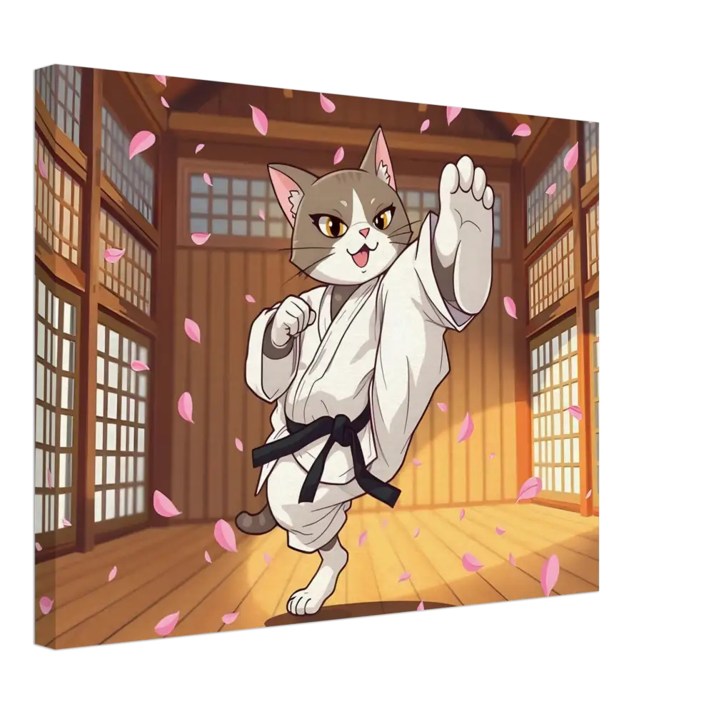 Cartoon cat in Karate Gi for Canvas Cherry Blossom Showdown PixiOnyx Whimsical Combat