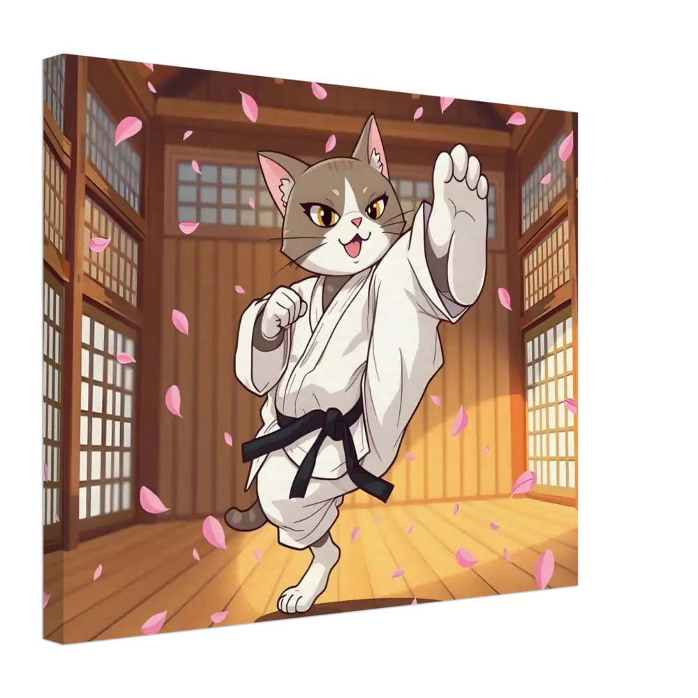 Karate Cat canvas print featuring a whimsical combat scene with cherry blossoms