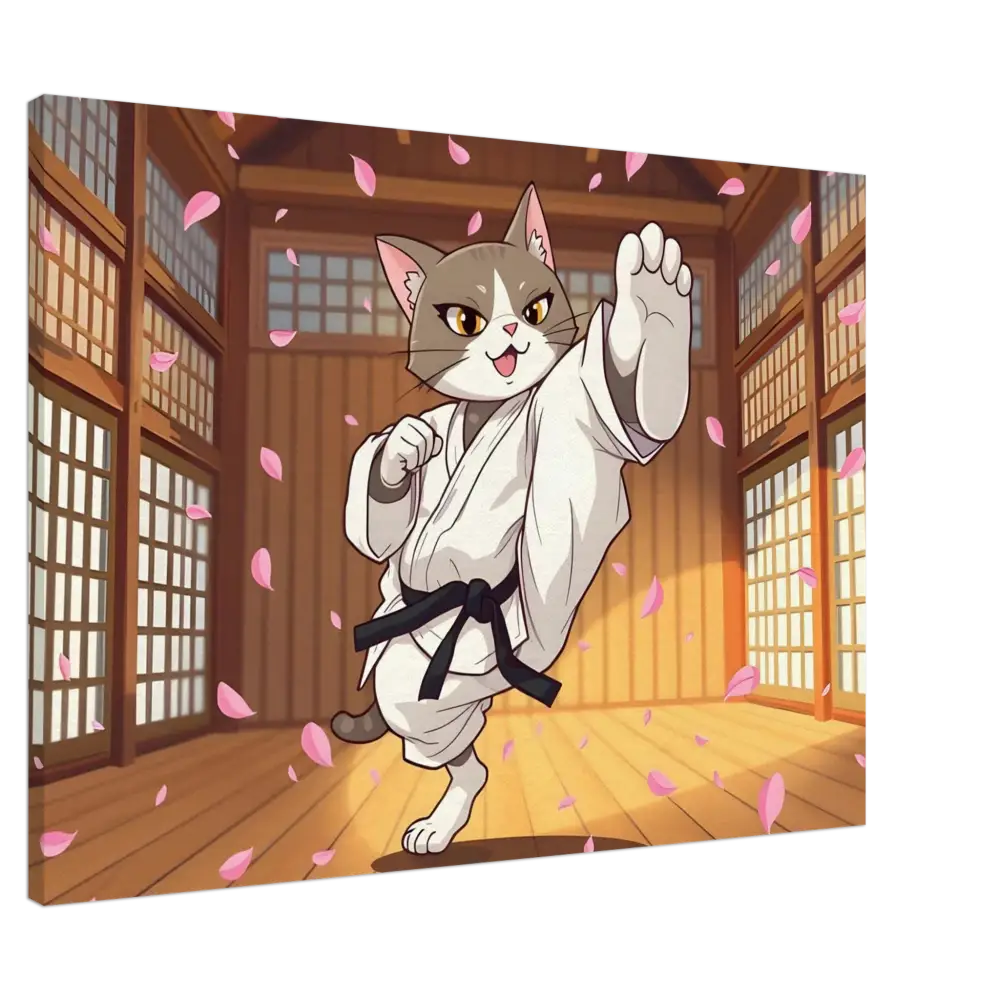 Cartoon cat in Karate Gi for Canvas Cherry Blossom Showdown PixiOnyx Whimsical Combat