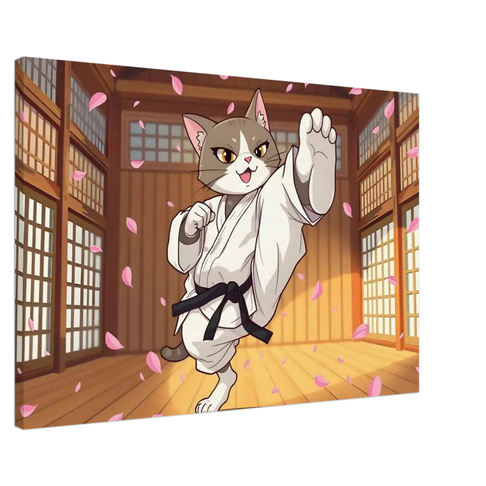 Karate Cat Canvas featuring Cherry Blossom Showdown artwork on PixiOnyx Whimsical Combat product