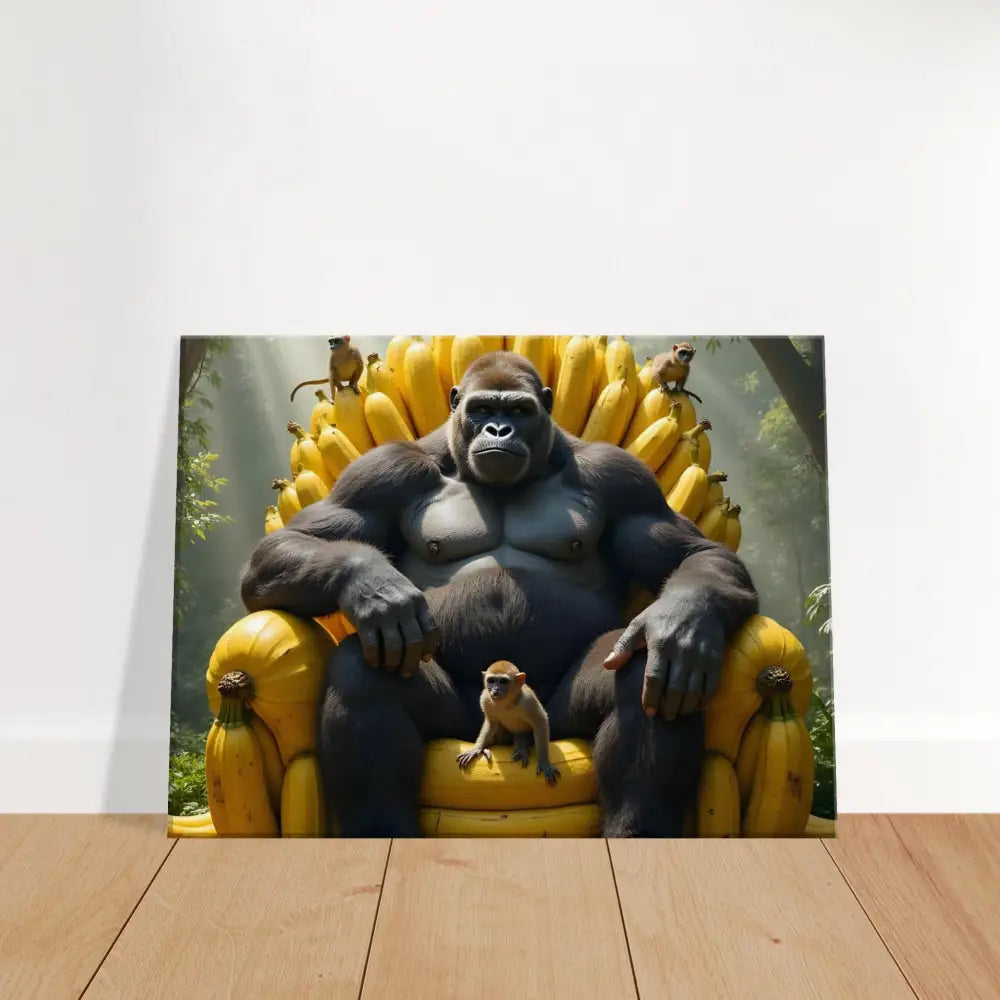 Gorilla sitting on Banana Throne with monkeys in Canvas – King Kong’s Banana Throne from PixiOnyx