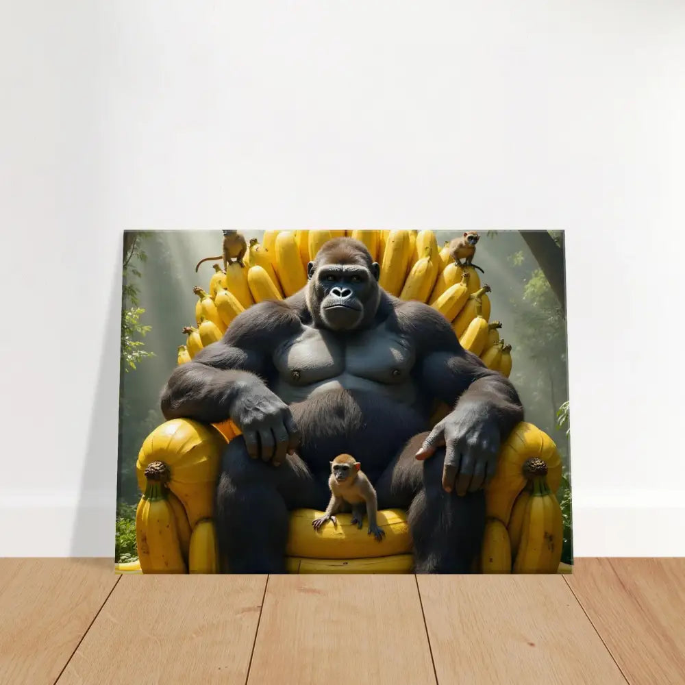 Gorilla sitting on banana throne canvas print in King Kong’s Banana Throne design