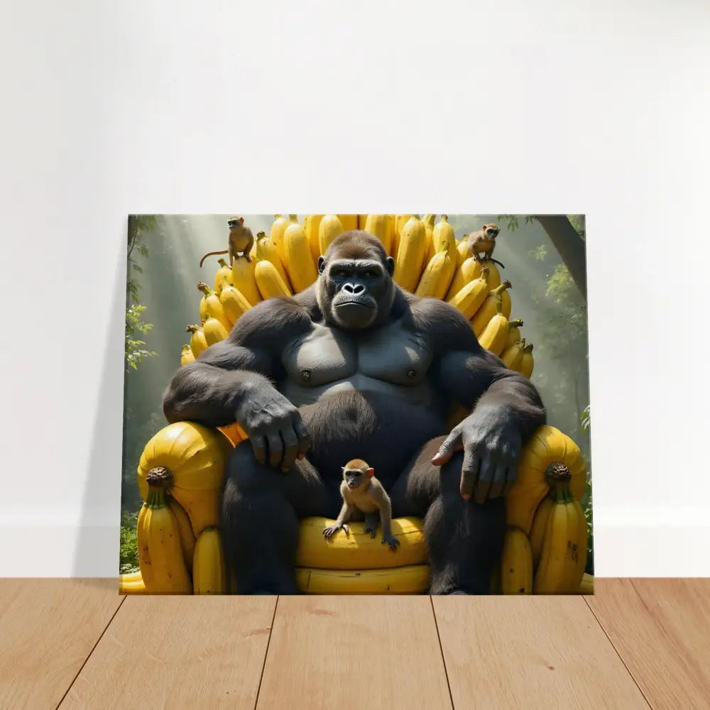 Gorilla sitting on Banana Throne among monkeys for Canvas King Kong’s Banana Throne PixiOnyx