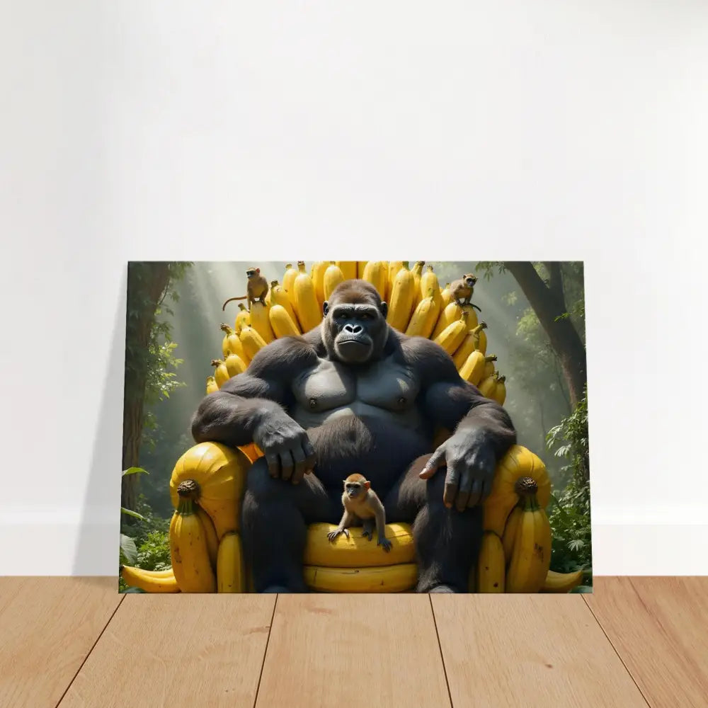 Gorilla king sitting on banana throne in Canvas King Kong’s Banana Throne by PixiOnyx