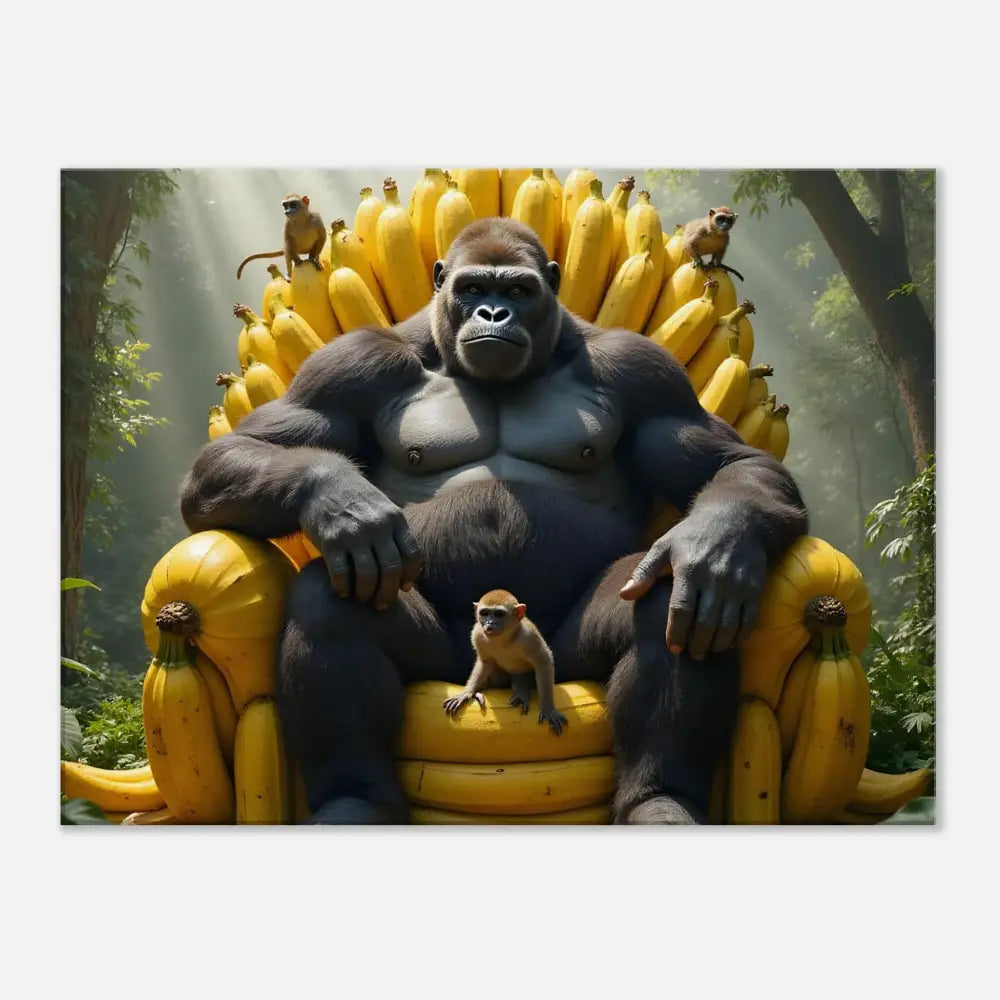 Gorilla sitting on a banana throne in Canvas King Kongs Banana Throne PixiOnyx Primate Royalty