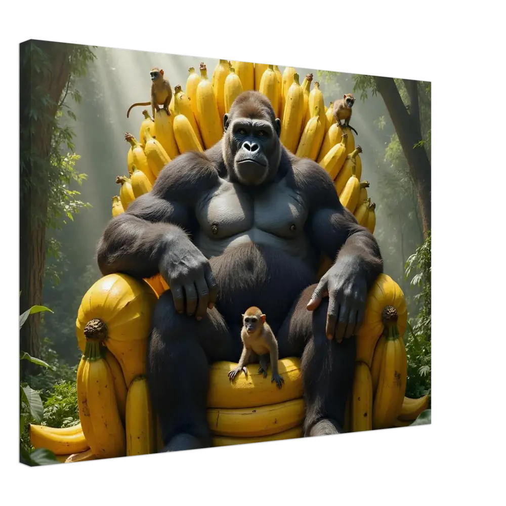 Gorilla king sitting on banana throne in Canvas – King Kong’s Banana Throne by PixiOnyx