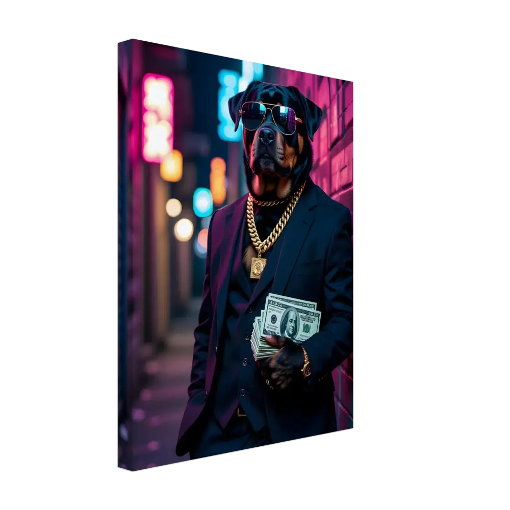 Rottweiler in suit with money on Canvas Kingpin K9 PixiOnyx Urban Alpha Canvas