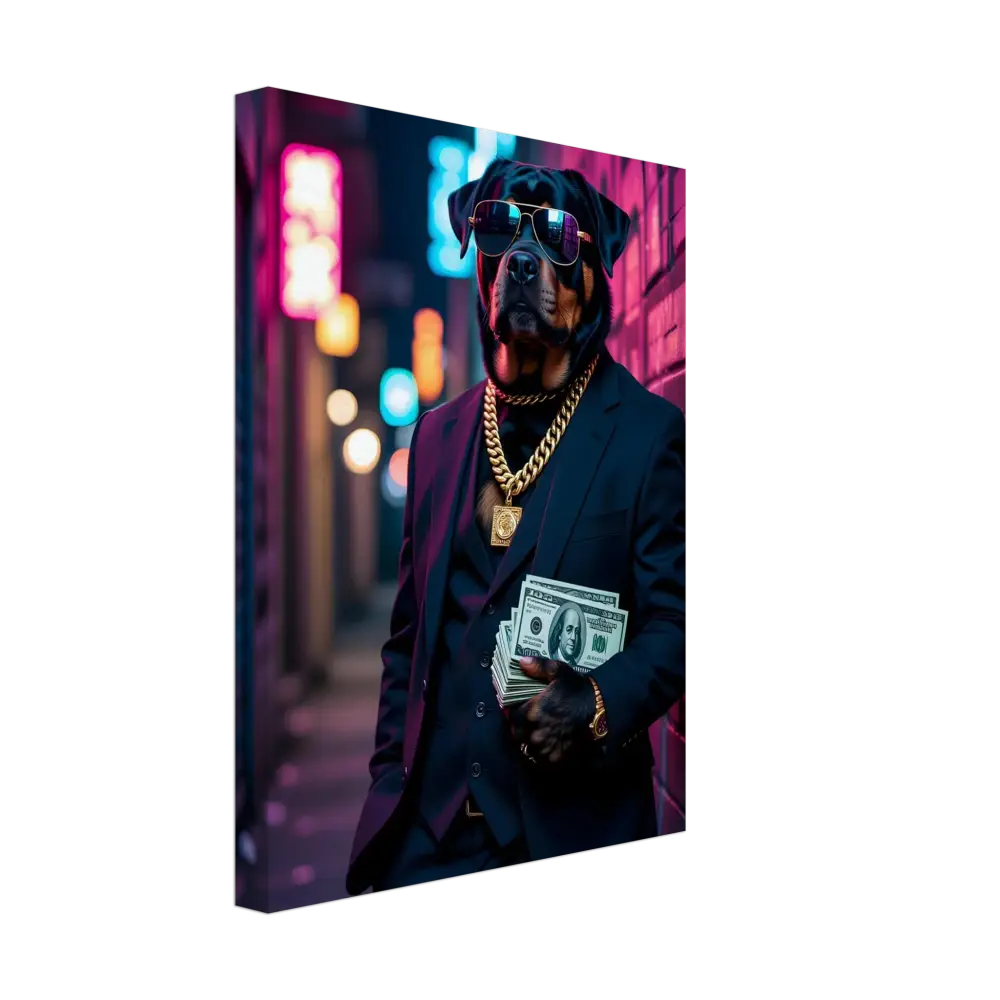 Rottweiler in suit with money on PixiOnyx Urban Alpha Canvas Canvas – Kingpin K9