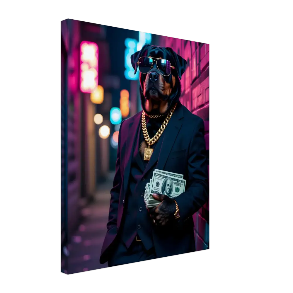 Rottweiler in a suit with money on Canvas Kingpin K9 PixiOnyx Urban Alpha Canvas