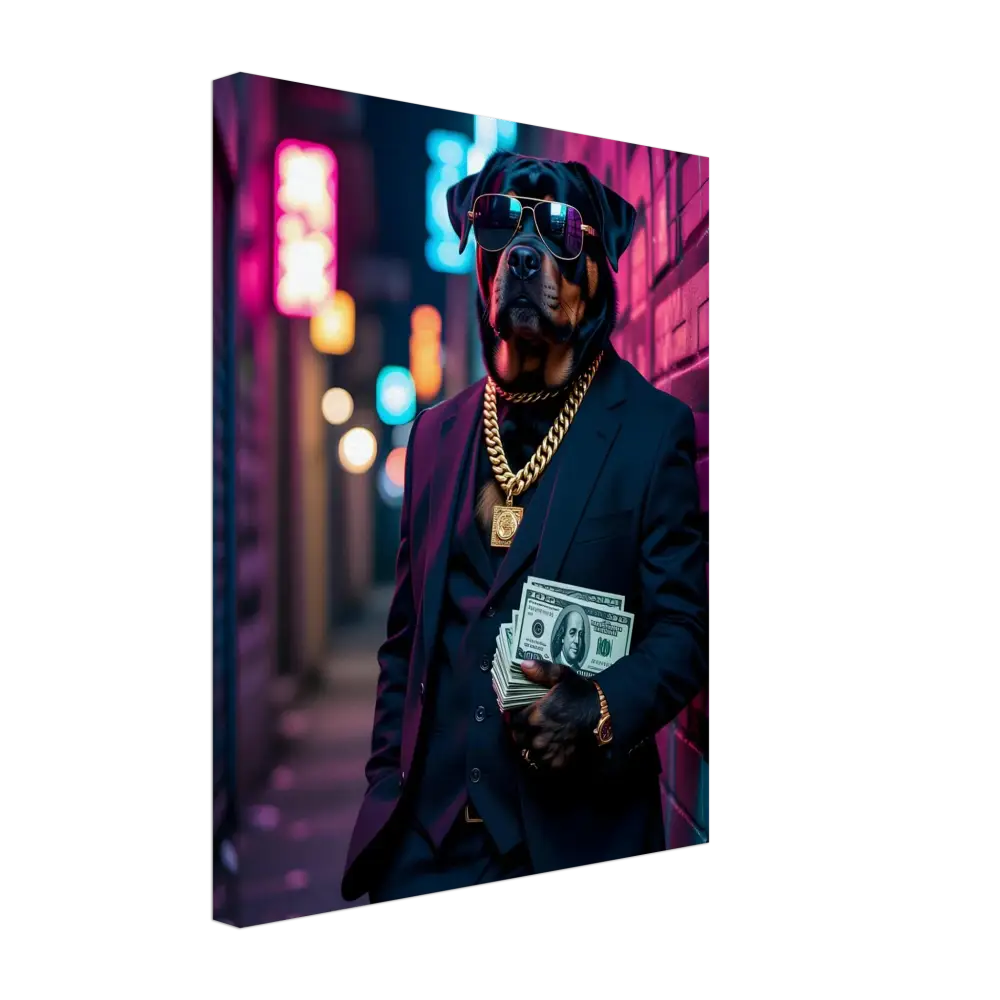 Rottweiler in suit with money for Canvas Kingpin K9 PixiOnyx Urban Alpha Canvas