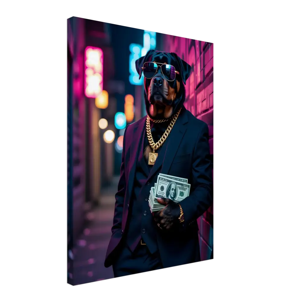 Rottweiler in suit with money on PixiOnyx Urban Alpha Canvas Kingpin K9 product