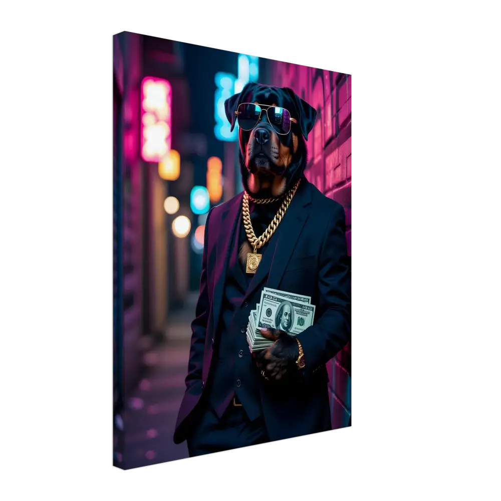 Rottweiler in suit holding money on Canvas Kingpin K9 PixiOnyx Urban Alpha Canvas