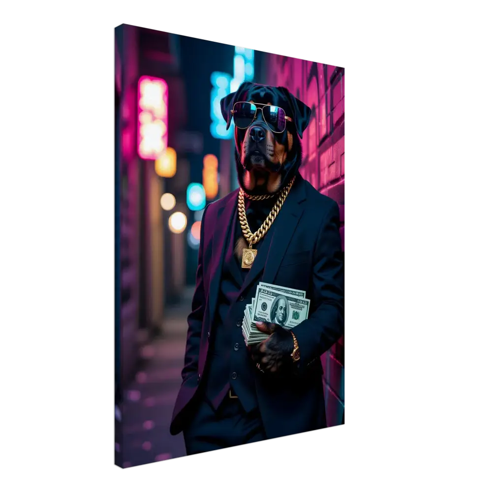 Rottweiler in suit holding money on Canvas Kingpin K9 PixiOnyx Urban Alpha Canvas