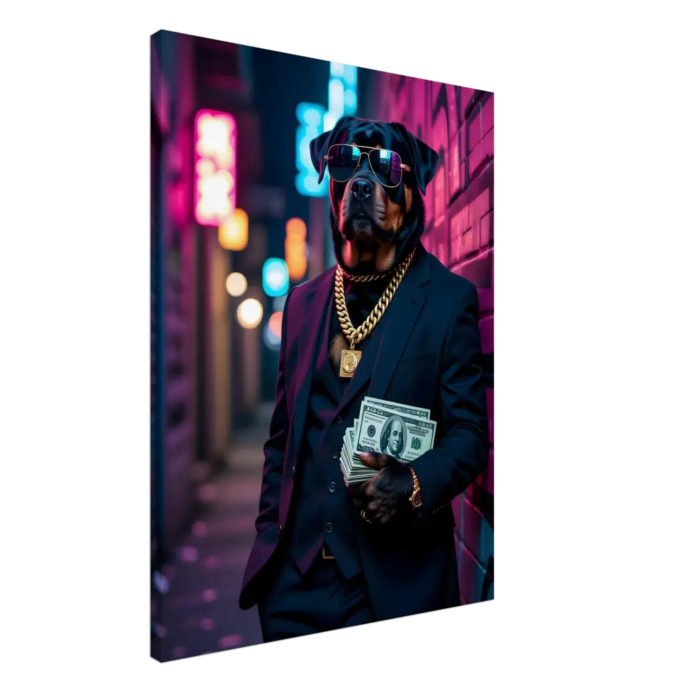 Rottweiler in suit with money on PixiOnyx Urban Alpha Canvas product image