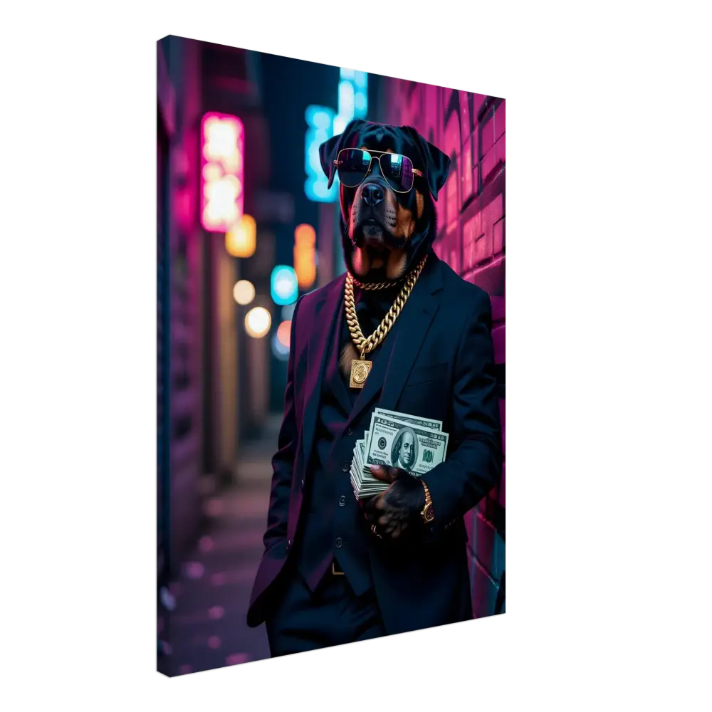 Rottweiler in suit holding cash for Canvas Kingpin K9 PixiOnyx Urban Alpha Canvas