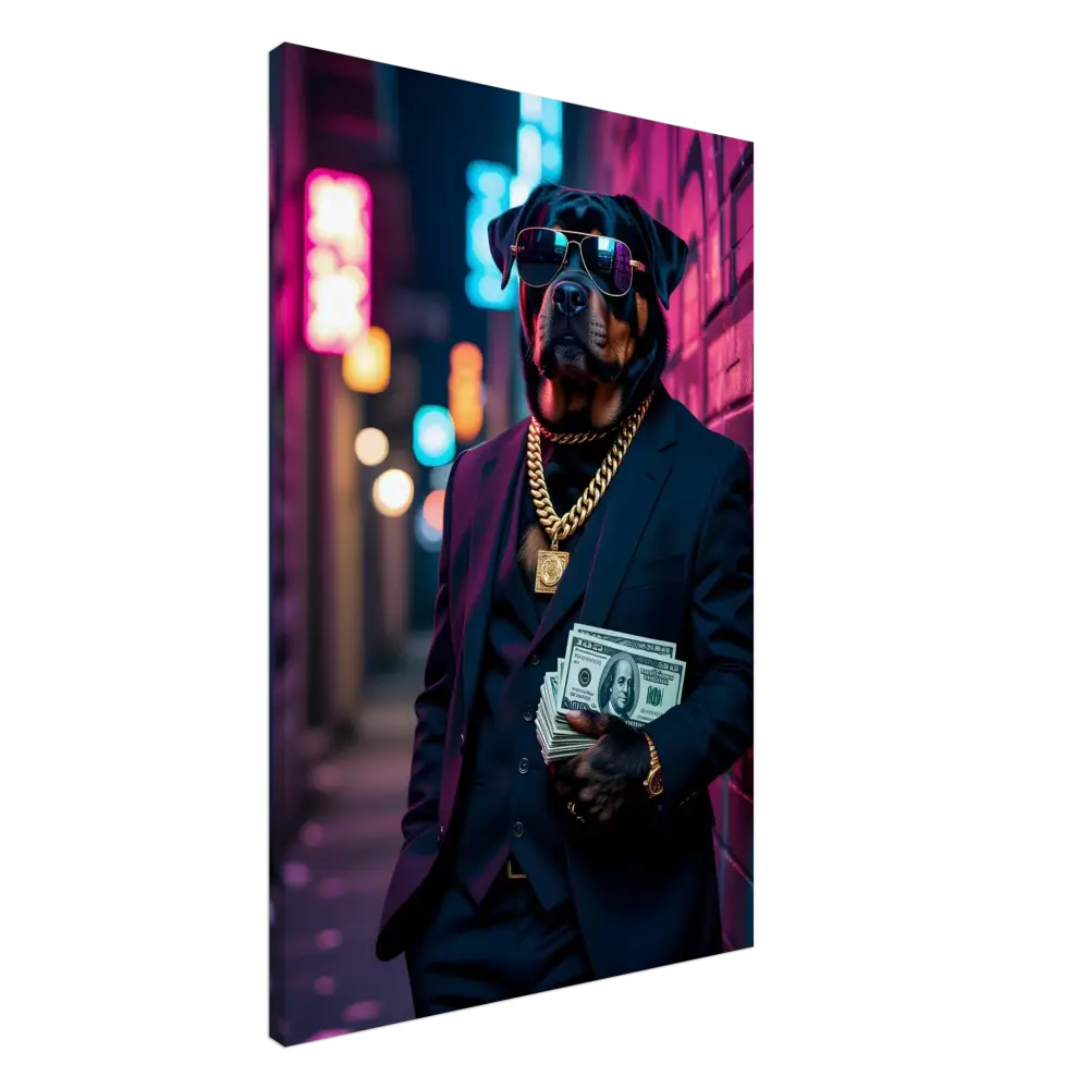 Rottweiler dressed in a suit holding money on PixiOnyx Urban Alpha Canvas