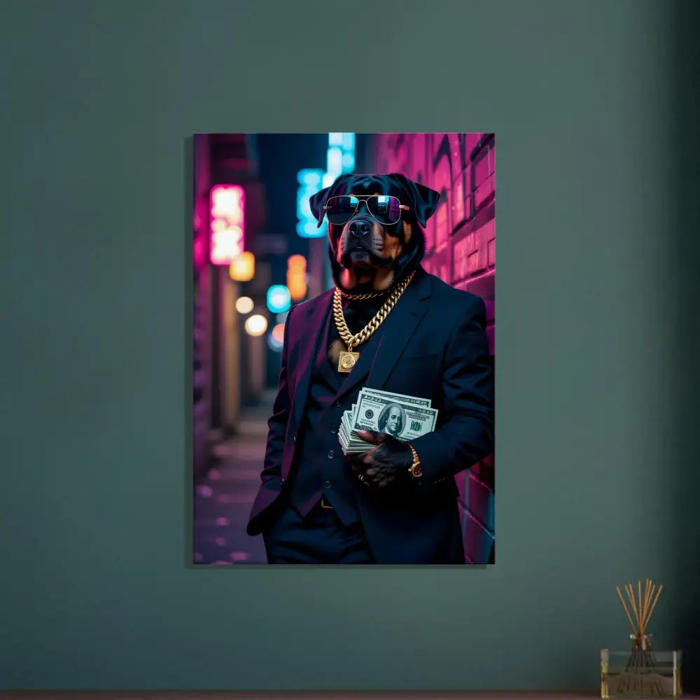 Rottweiler in suit holding money for Canvas Kingpin K9 PixiOnyx Urban Alpha Canvas