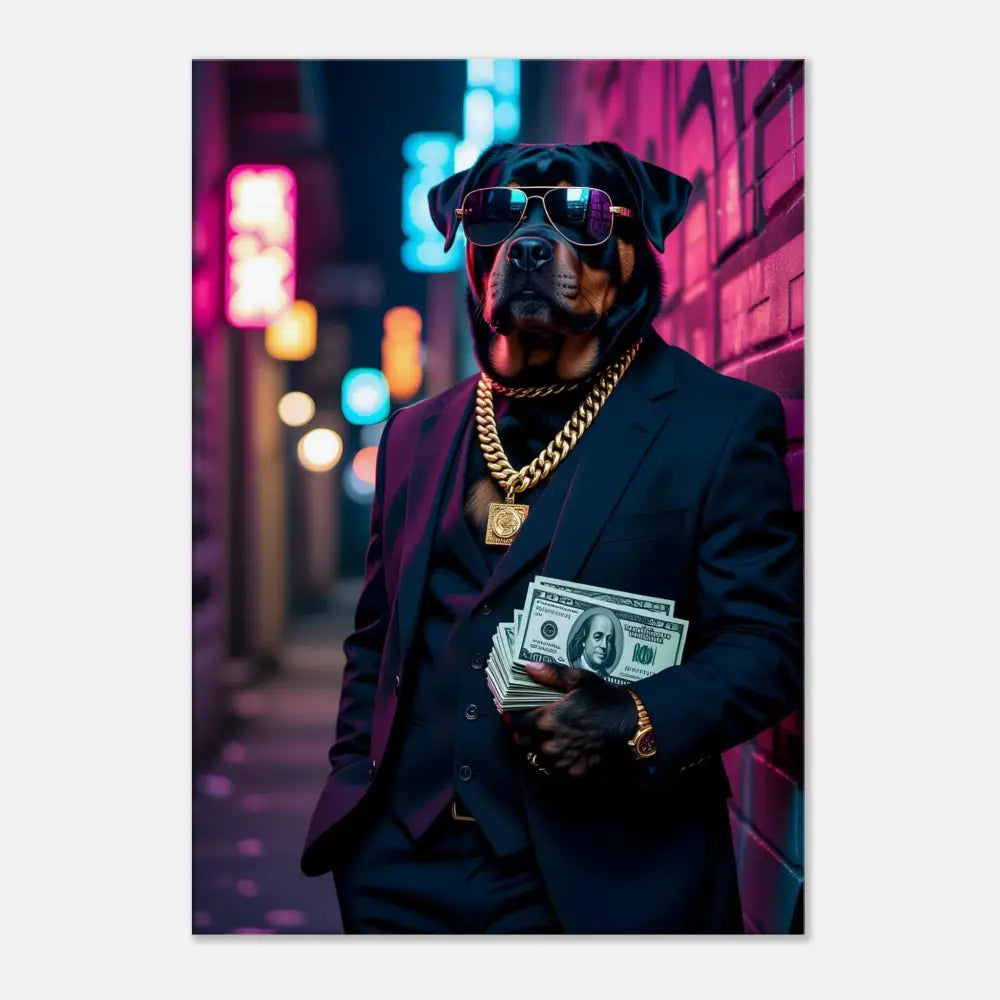 Rottweiler in a suit holding money showcasing Canvas Kingpin K9 PixiOnyx Urban Alpha Canvas