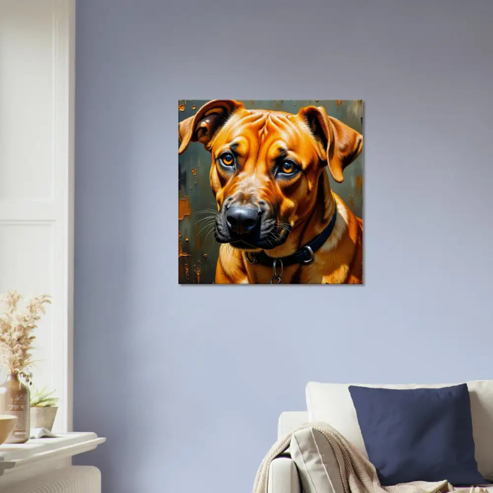 Painting of a Rhodesian Ridgeback dog in warm tones, a powerful tribute with deep color tones