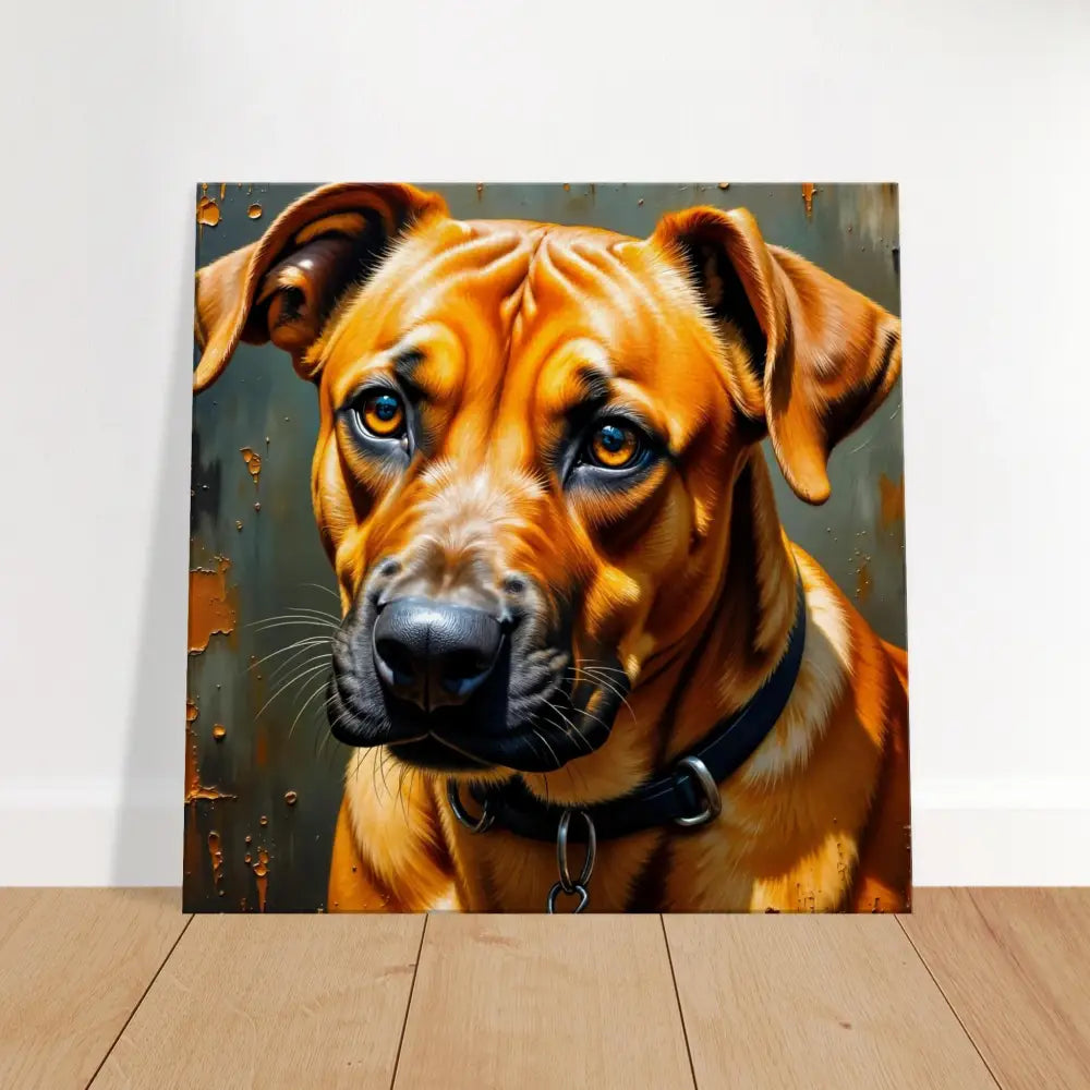 Oil painting of a tan and black dog with golden eyes in deep color tones, a powerful tribute