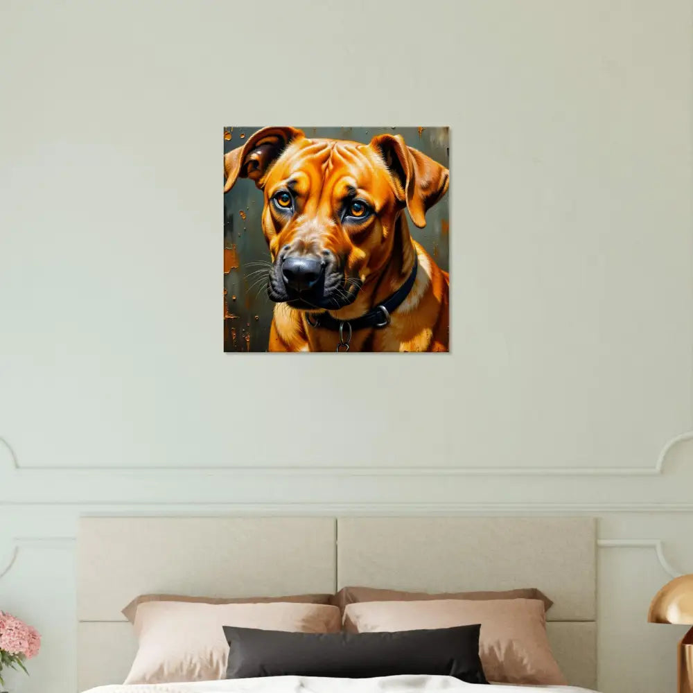 Painting of a Rhodesian Ridgeback with a sad expression in deep color tones, a powerful tribute