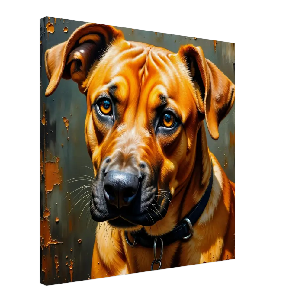 Painting of a sad brown Rhodesian Ridgeback with black collar in deep color tones, a powerful tribute