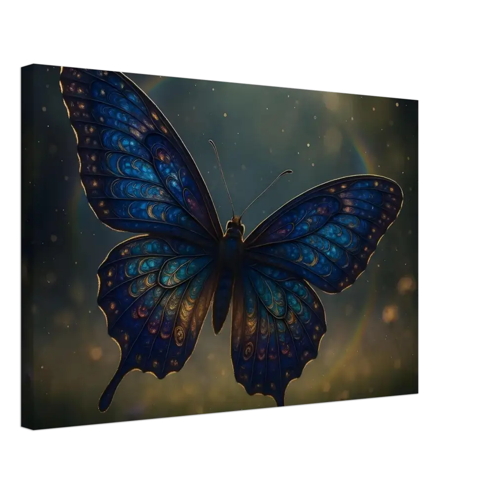 Intricate blue butterfly canvas artwork from Luminara Ascend PixiOnyx Dreamform Display of Nature