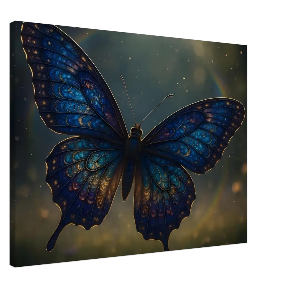 Intricate blue butterfly art displayed on Luminara Ascend Canvas by PixiOnyx Dreamform
