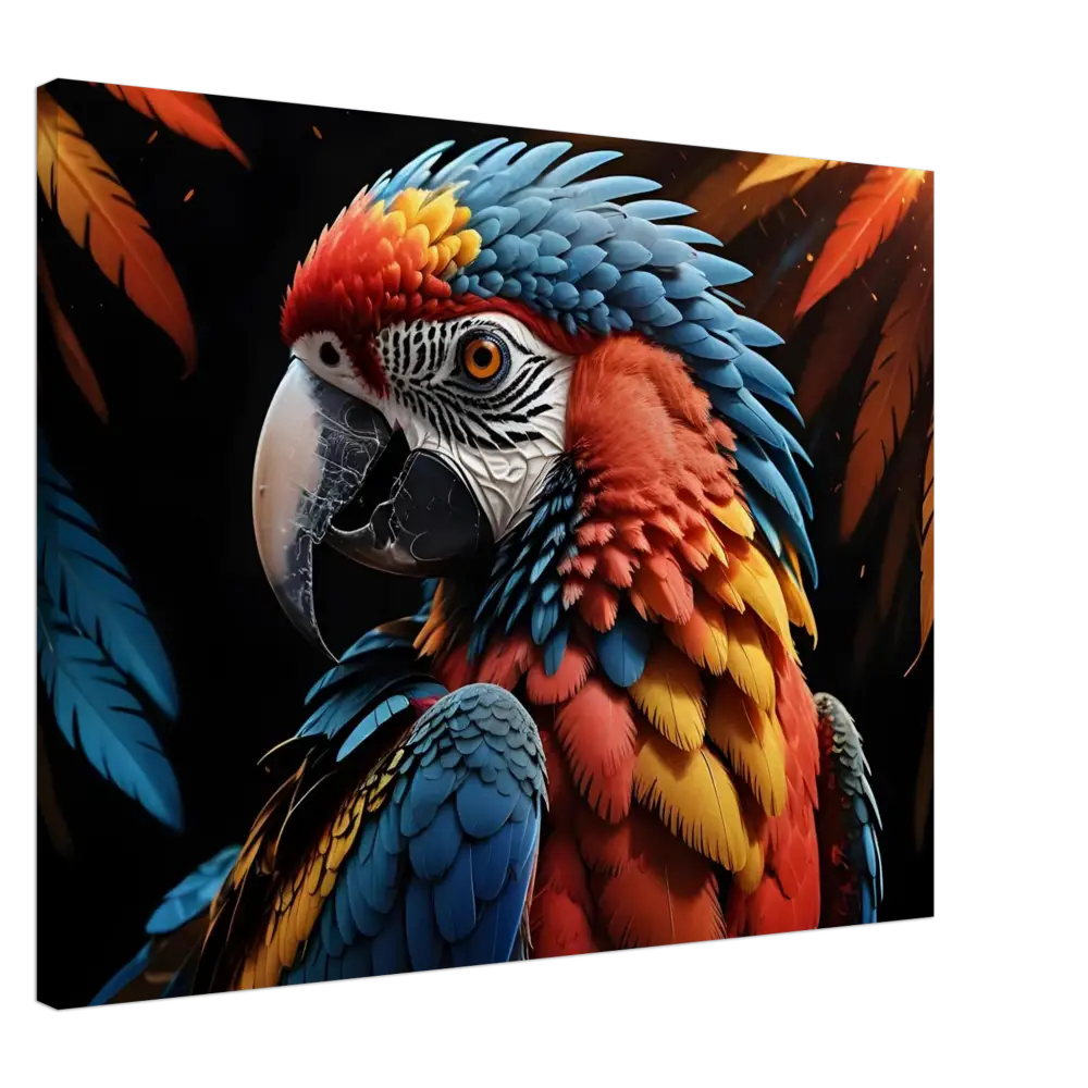 Colorful Macaw Parrot displayed on Canvas – Macaw Ascendant PixiOnyx Nature Majesty