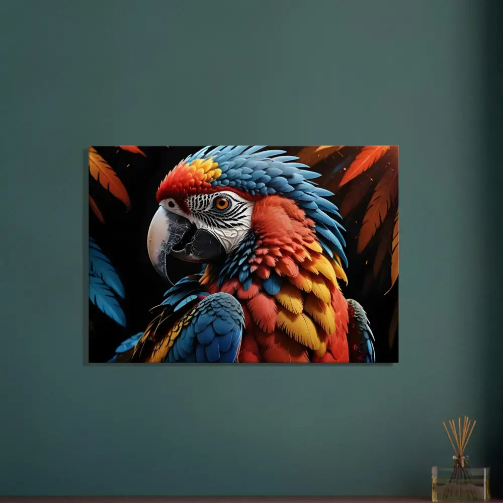 Colorful Macaw Painting displayed on PixiOnyx Nature Majesty Canvas