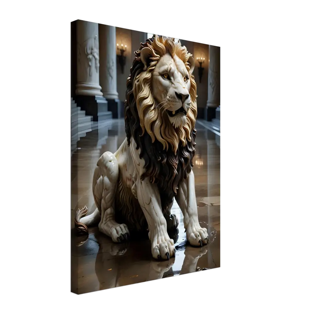 Ornate marble lion statue from PixiOnyx Regal Sculpture Series in Grand Hall setting