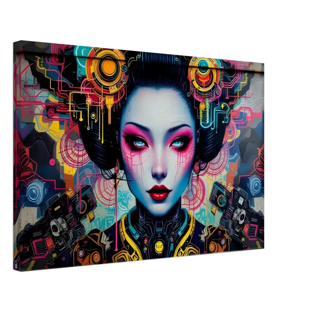 Cyberpunk geisha graffiti art on Canvas – Mech Shrine Geisha by PixiOnyx Urban Circuit Icon