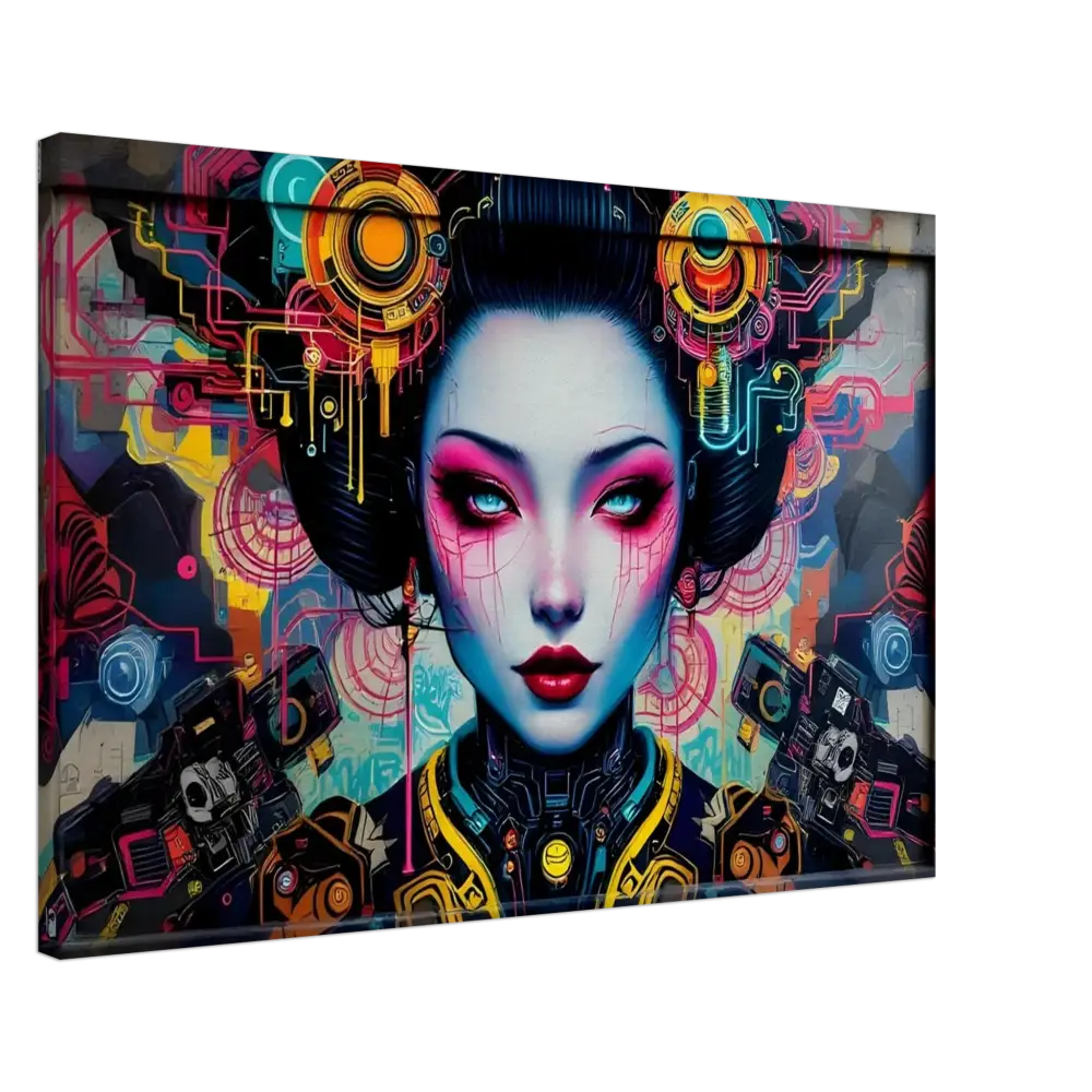 Cyberpunk geisha digital artwork on Canvas – Mech Shrine Geisha PixiOnyx Urban Circuit Icon