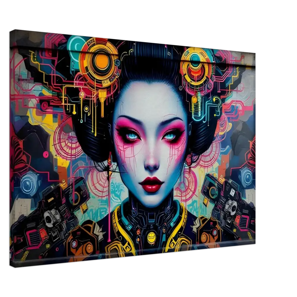 Cyberpunk geisha artwork displayed on Canvas Mech Shrine Geisha PixiOnyx Urban Circuit Icon