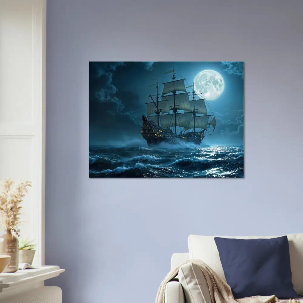 Moonlit sailing ship on cinematic seascape canvas for Moonlit Majesty PixiOnyx