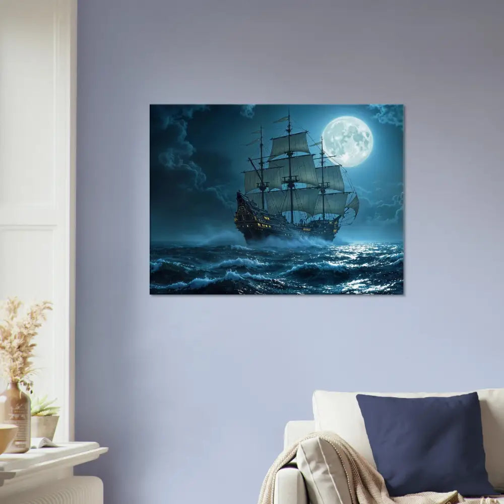 Framed ship painting from Canvas – Moonlit Majesty PixiOnyx Cinematic Seascape