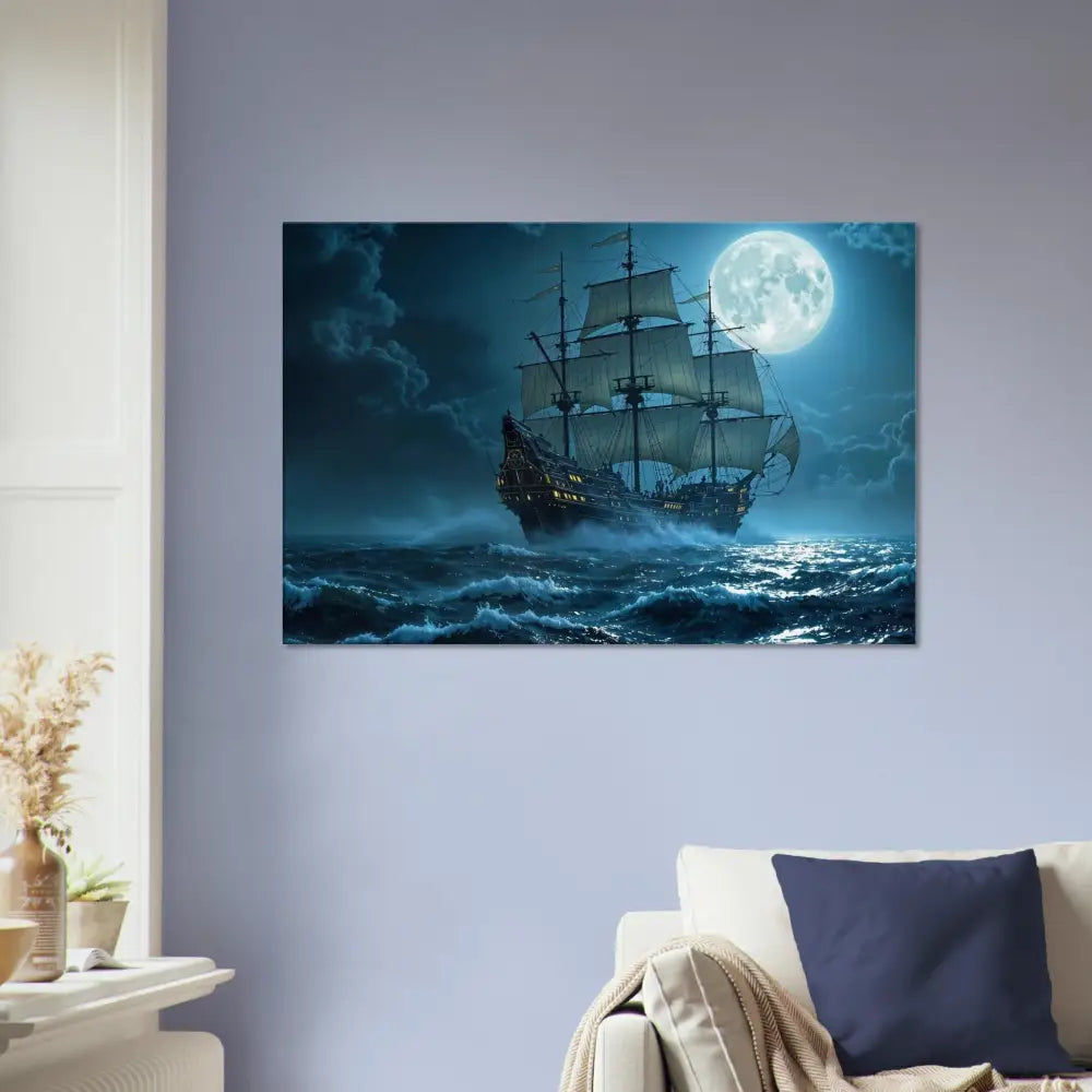 Moonlit sailing ship on cinematic seascape for Canvas Moonlit Majesty by PixiOnyx