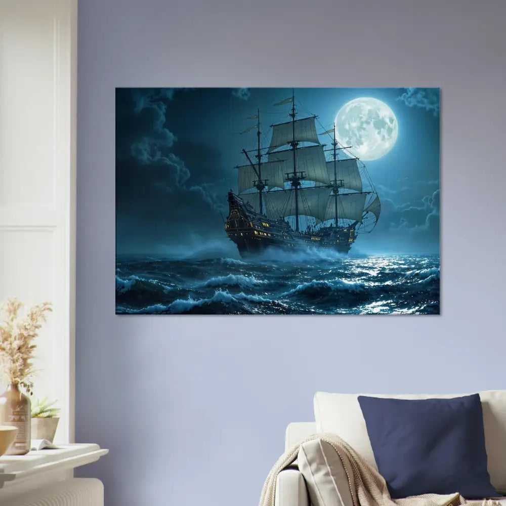 Moonlit sailing ship canvas artwork from PixiOnyx Cinematic Seascape collection