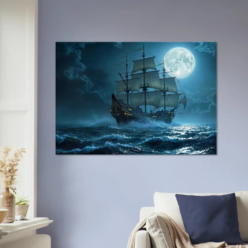 Moonlit sailing ship canvas artwork for cinematic seascape decorating interior design