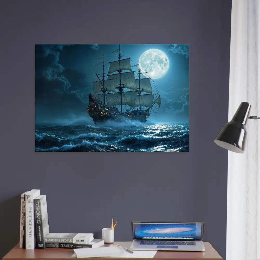 Pirate ship sailing under a full moon on Canvas Moonlit Majesty PixiOnyx Cinematic Seascape