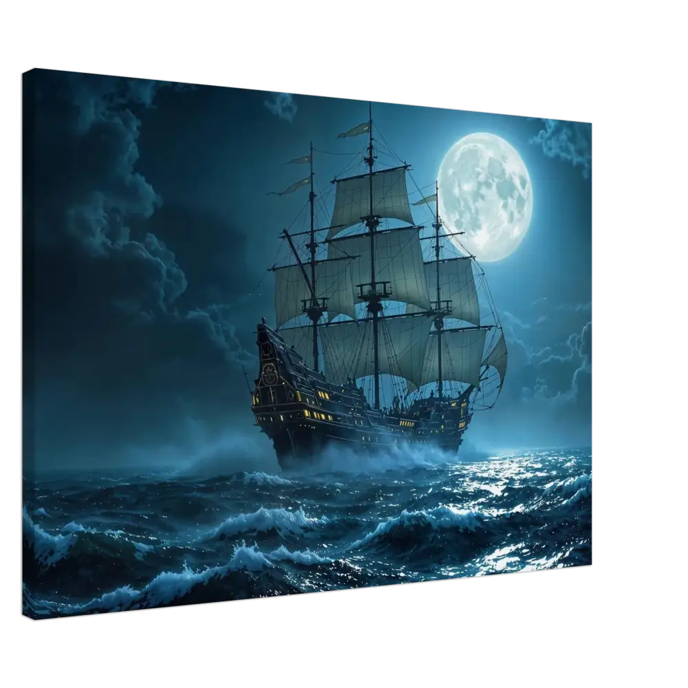 Moonlit Galleon sailing on choppy seas in Canvas Moonlit Majesty PixiOnyx Cinematic Seascape