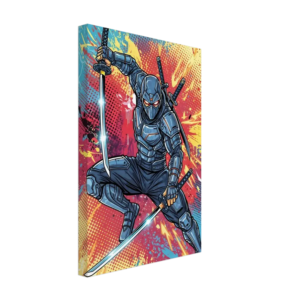 High-impact ninja print of a blue and black armored ninja with katanas against graffiti background